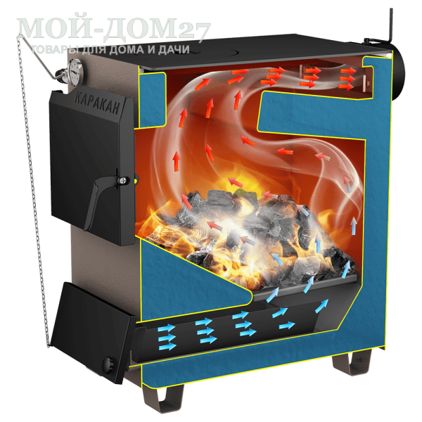 Твердотопливный котел КАРАКАН 20 ТПЭ-3 | Мой-Дом27 | Мощность 20 кВт (отапливаемая площадь до 200 м2)<br>
Котёл предназначен для работы на твёрдом топливе, имеет варочную плиту, с резьбовым фланцем для установки блока ТЭНов, рабочее давление в котле 3 кгс/см2.